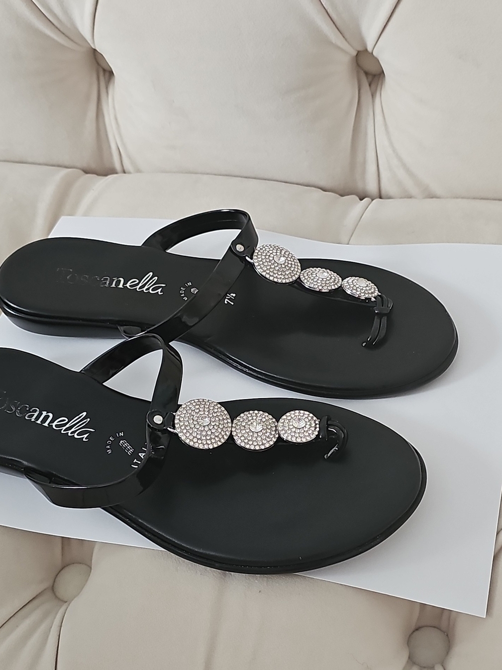 Ella Black Rhinestone T-Strap Sandals